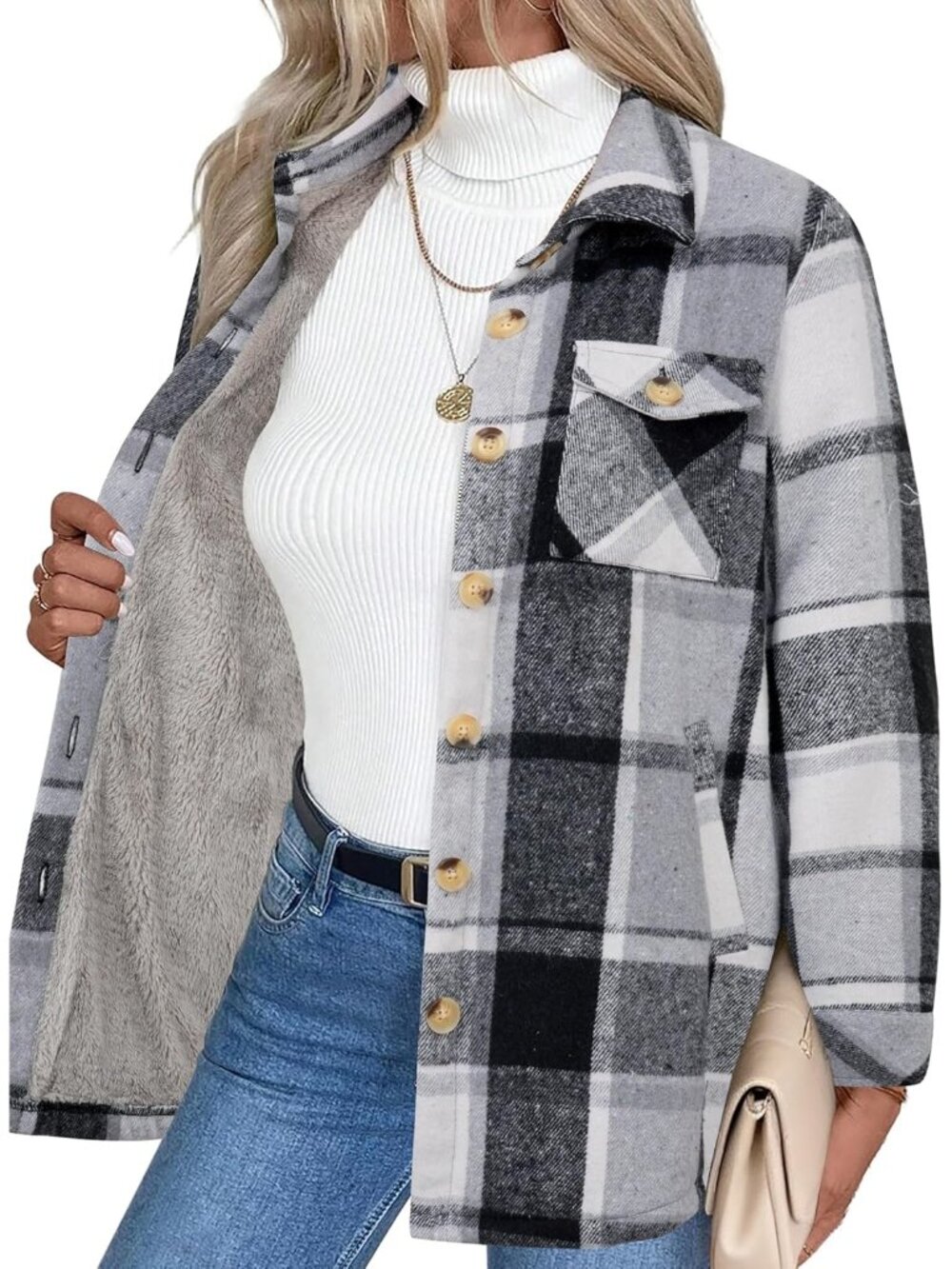 Women's Black Sherpa Fleece Lined Winter Plaid Flannel Jacket With Pocket
